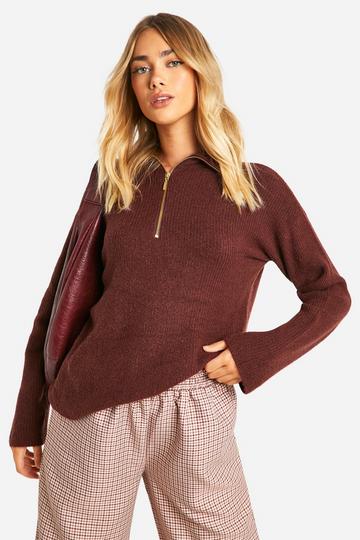 Soft Rib Knit Half Zip Collar Jumper chocolate