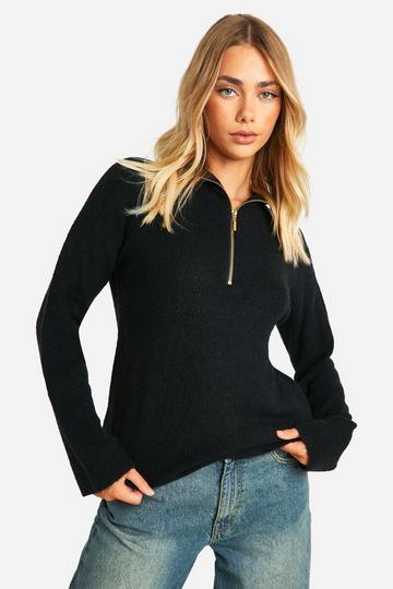 Soft Rib Knit Half Zip Collar Jumper black