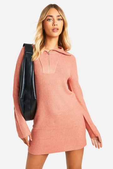 Soft Rib Knit Half Zip Collar Jumper Dress coral