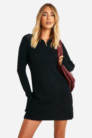 Black Soft Rib Knit Half Zip Collar Jumper Dress