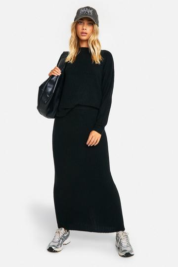 Zachte Geribbelde Gebreide Trui Met Crewneck En Maxi Rok Set black