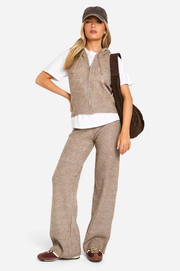 Soft Knit Sleeveless Hoody And Wide Leg Trouser Tracksuit taupe