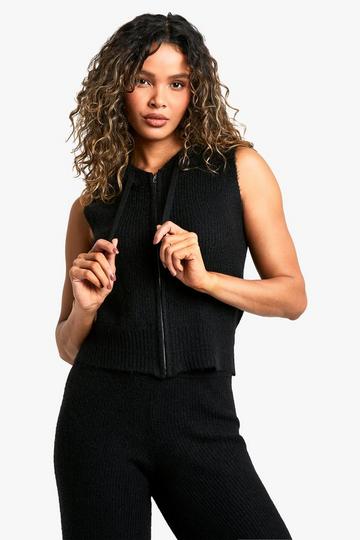 Soft Knit Sleeveless Hoodie And Wide Leg Trouser Tracksuit black