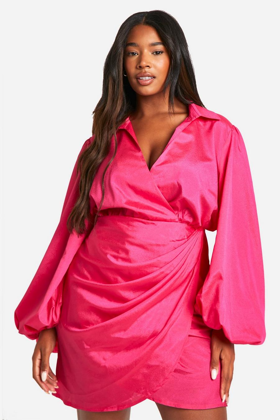 Vestido Plus cruzado con mangas de blusón, Hot pink image number 1