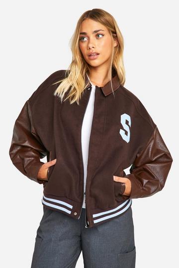 Oversized Faux Leather Sleeve Bomber Jacket chocolate