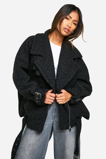 Textured Wool Look Oversized Belted Jacket black