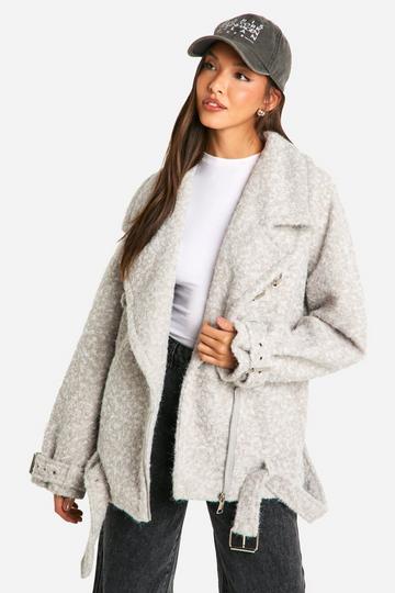 Textured Wool Look Oversized Belted Jacket grey