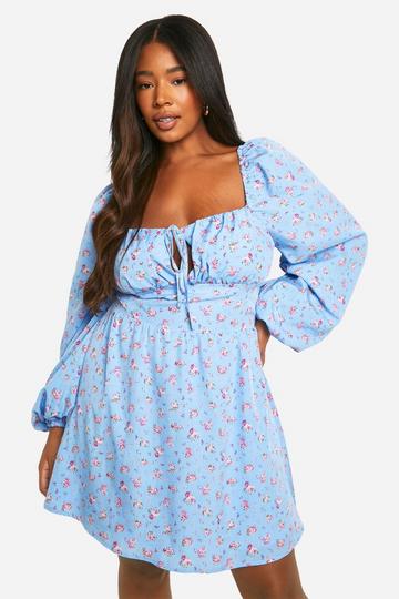 Plus Ditsy Balloon Sleeve Milkmaid Skater Dress blue