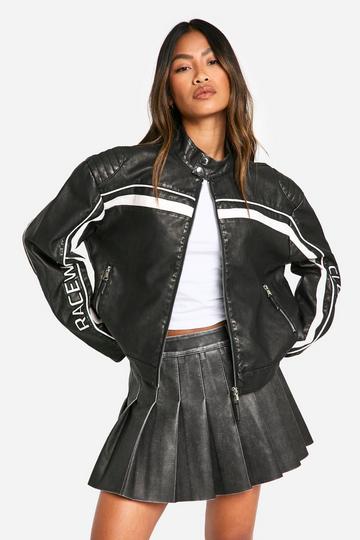 Faux Leather Embroidered Moto Jacket grey