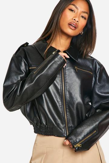 Cropped Faux Leather Bomber Jacket black