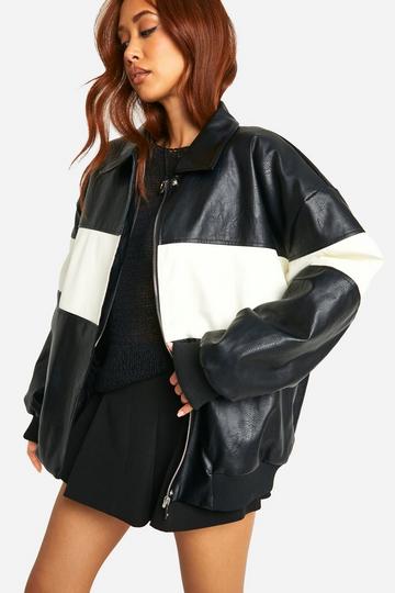 Contrast Detail Oversized Faux Leather Bomber Jacket black