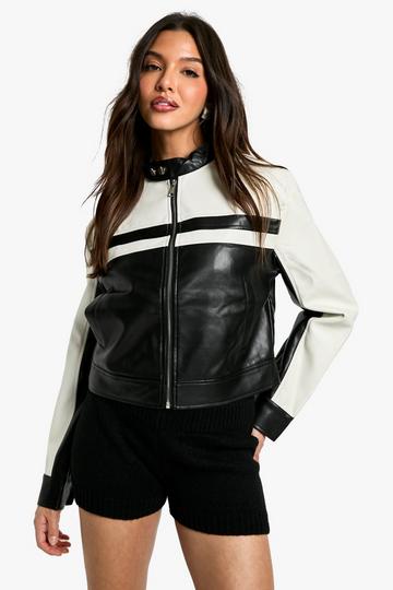 Contrast Detail Faux Leather Moto Jacket black