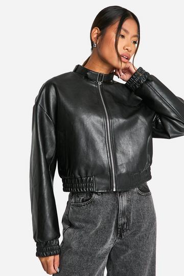 Collar Detail Faux Leather Bomber Jacket black