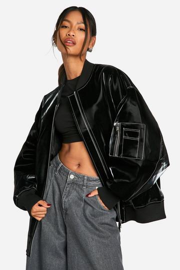 Faux Leather Oversized Bomber Jacket black