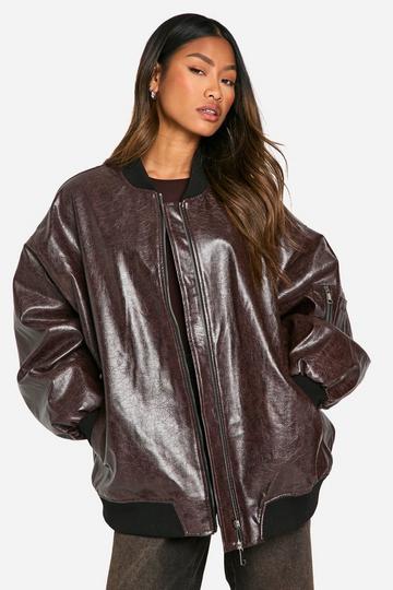 Cracked Faux Leather Oversized Bomber Jacket burgundy