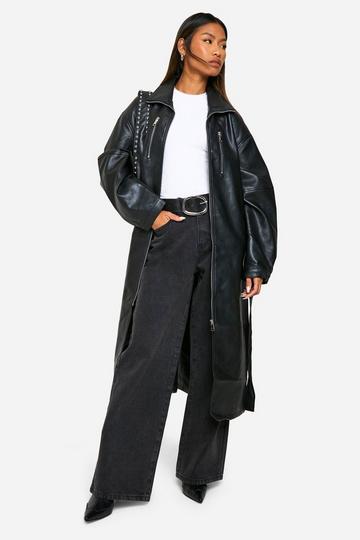 Faux Leather Belted Trench Coat black