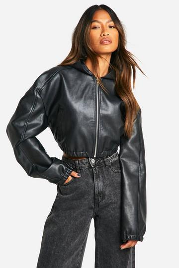 Hooded Faux Leather Bomber Jacket black