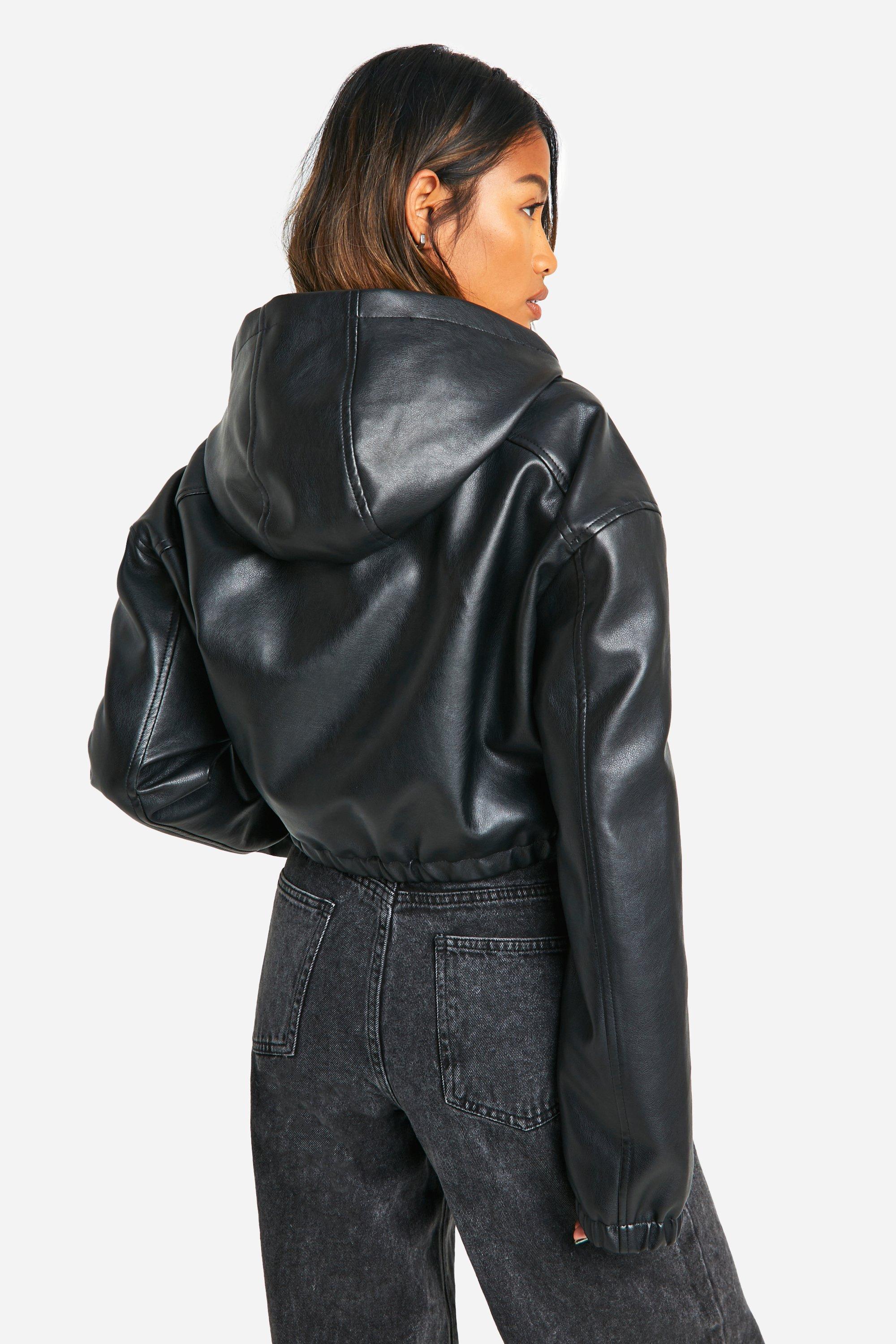 Hooded Faux Leather Bomber Jacket