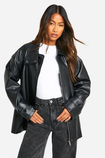 Short Faux Leather Trench Coat black