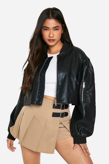 Shoulder Detail Faux Leather Bomber Jacket black