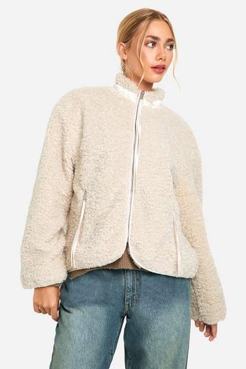 Cream White Textured Teddy Funnel Neck Jacket