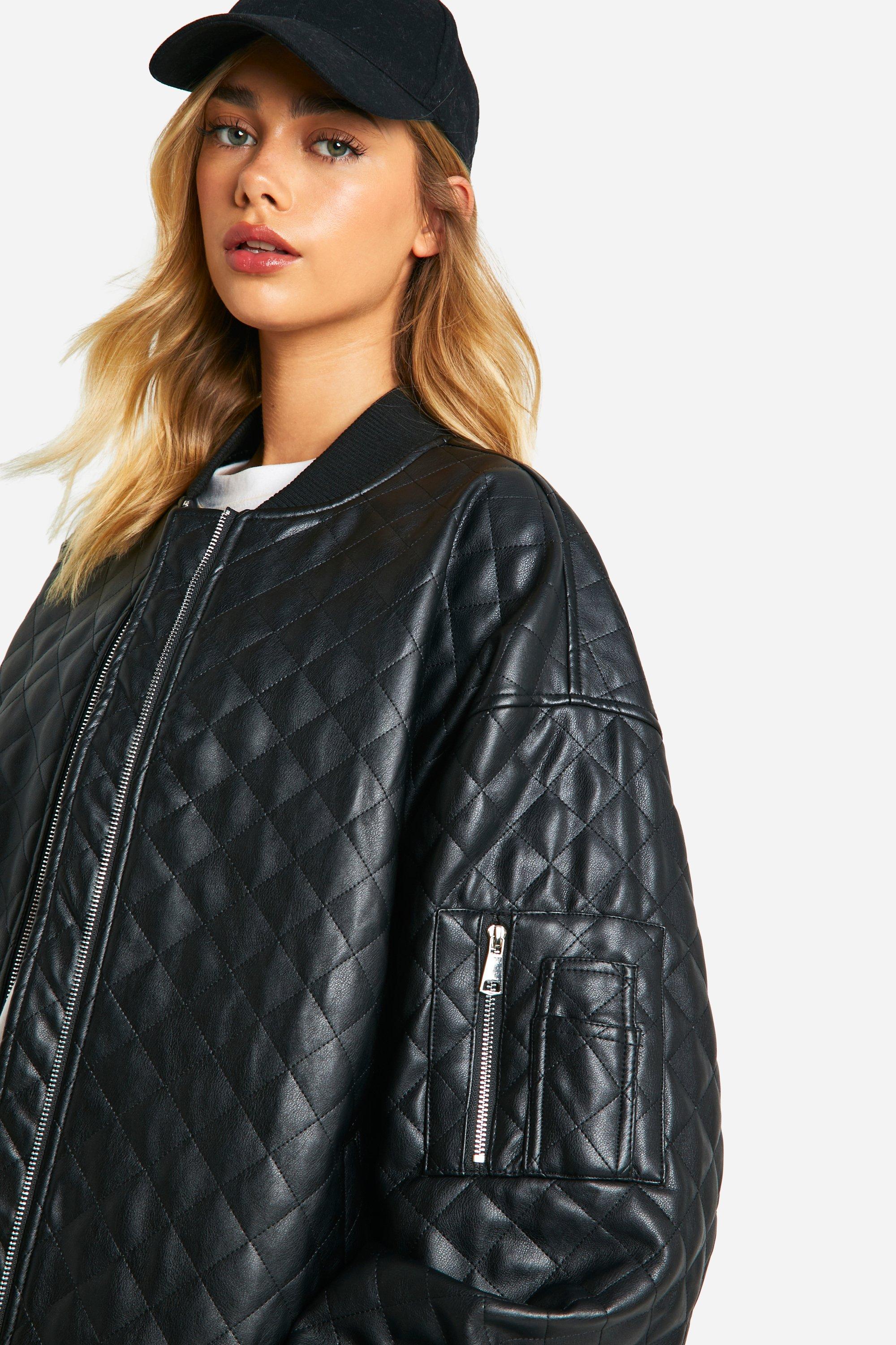 Faux Leather Quilted Oversized Bomber Jacket | boohoo