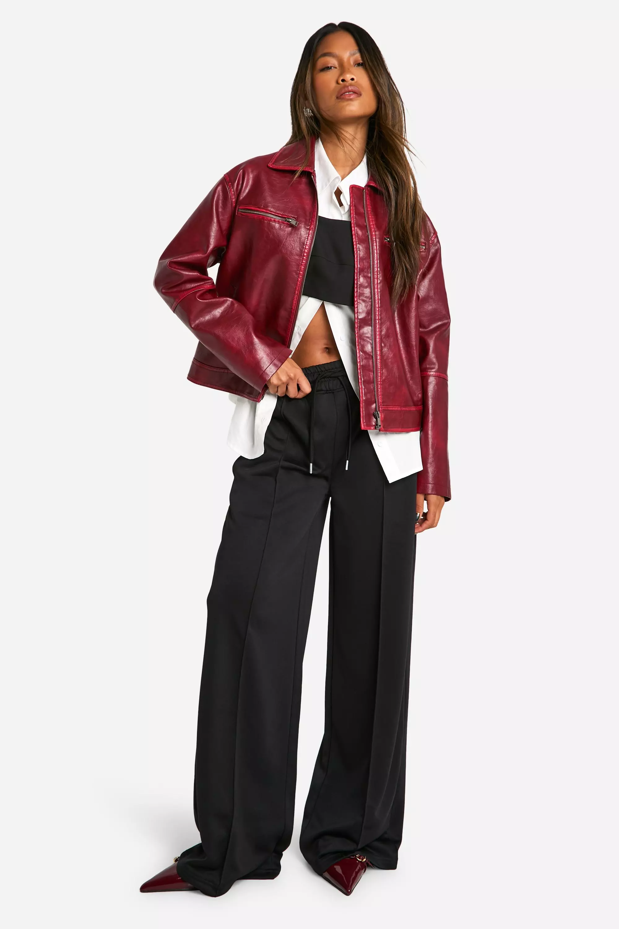 Vintage Look Faux Leather Zip Jacket