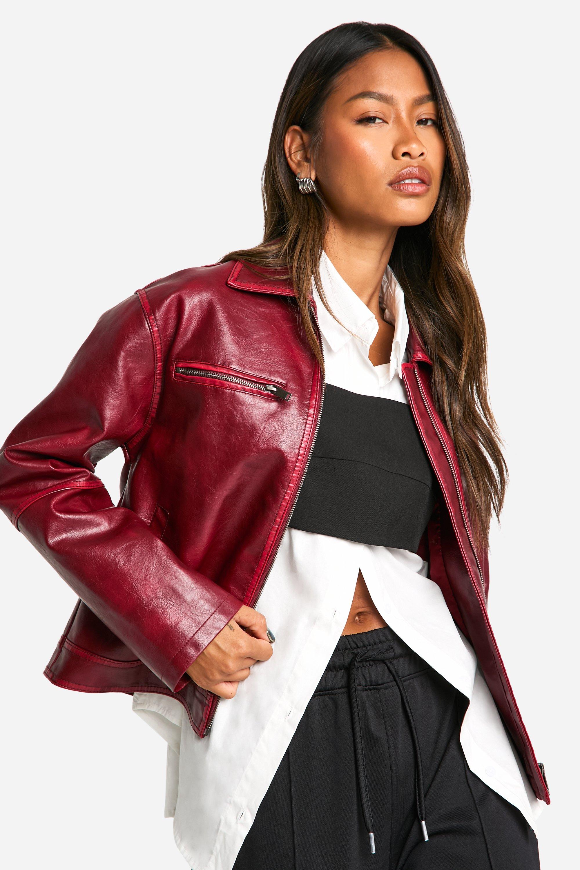 Burgundy leather look jacket hotsell