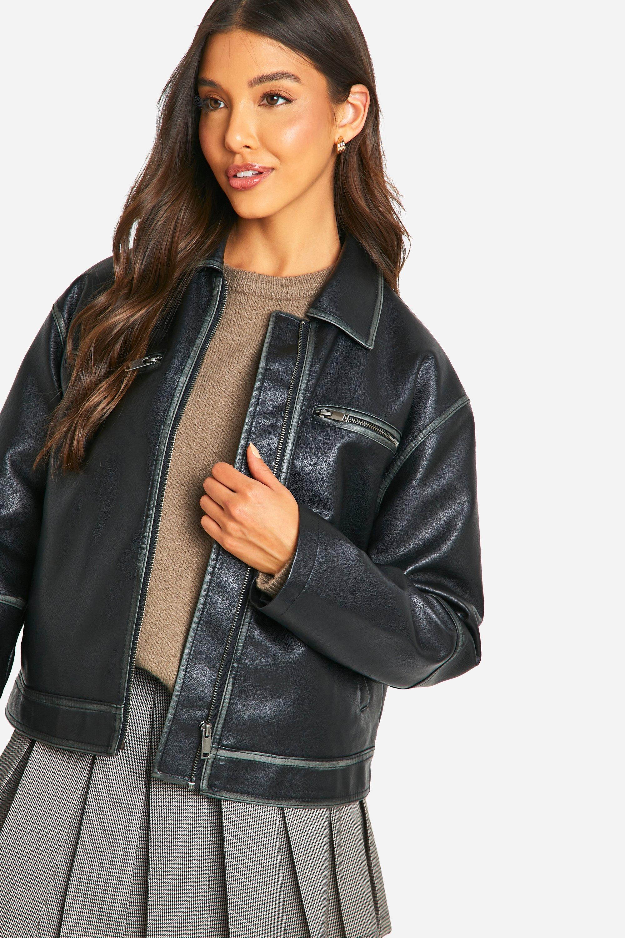 Vintage Look Faux Leather Zip Jacket boohoo UK