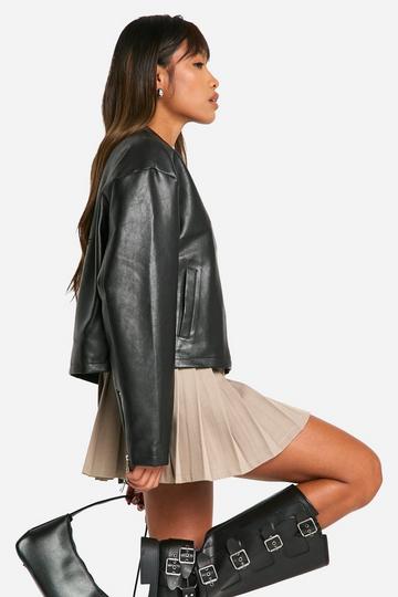 Embroidered Faux Leather Moto Jacket black