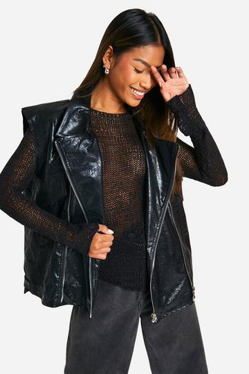 Black Oversized Faux Leather Biker Vest