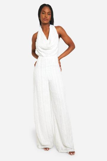 Tall Cowl Textured Wide Leg Jumpsuit white