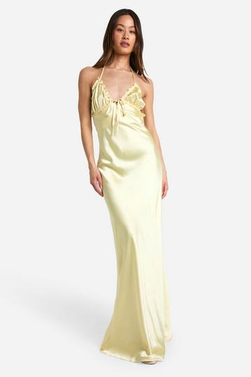 Lemon Yellow Tall Ruffle Satin Maxi Slip Dress