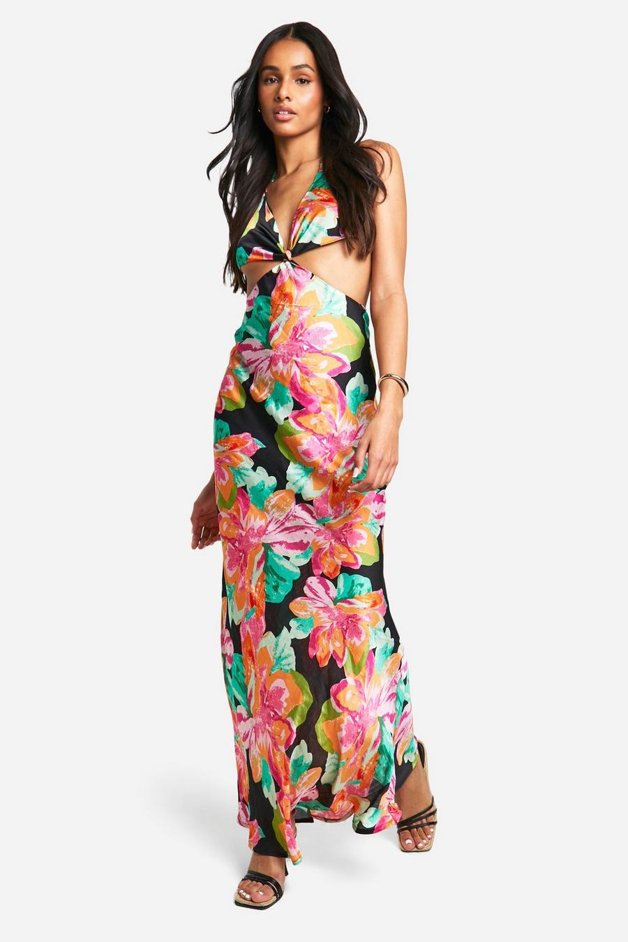 Black Tall Chiffon Jacquard Floral Cut Out Maxi Dress