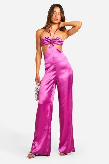 Tall Satin Bandeau Cut Out Wide Leg Jumpsuit magenta