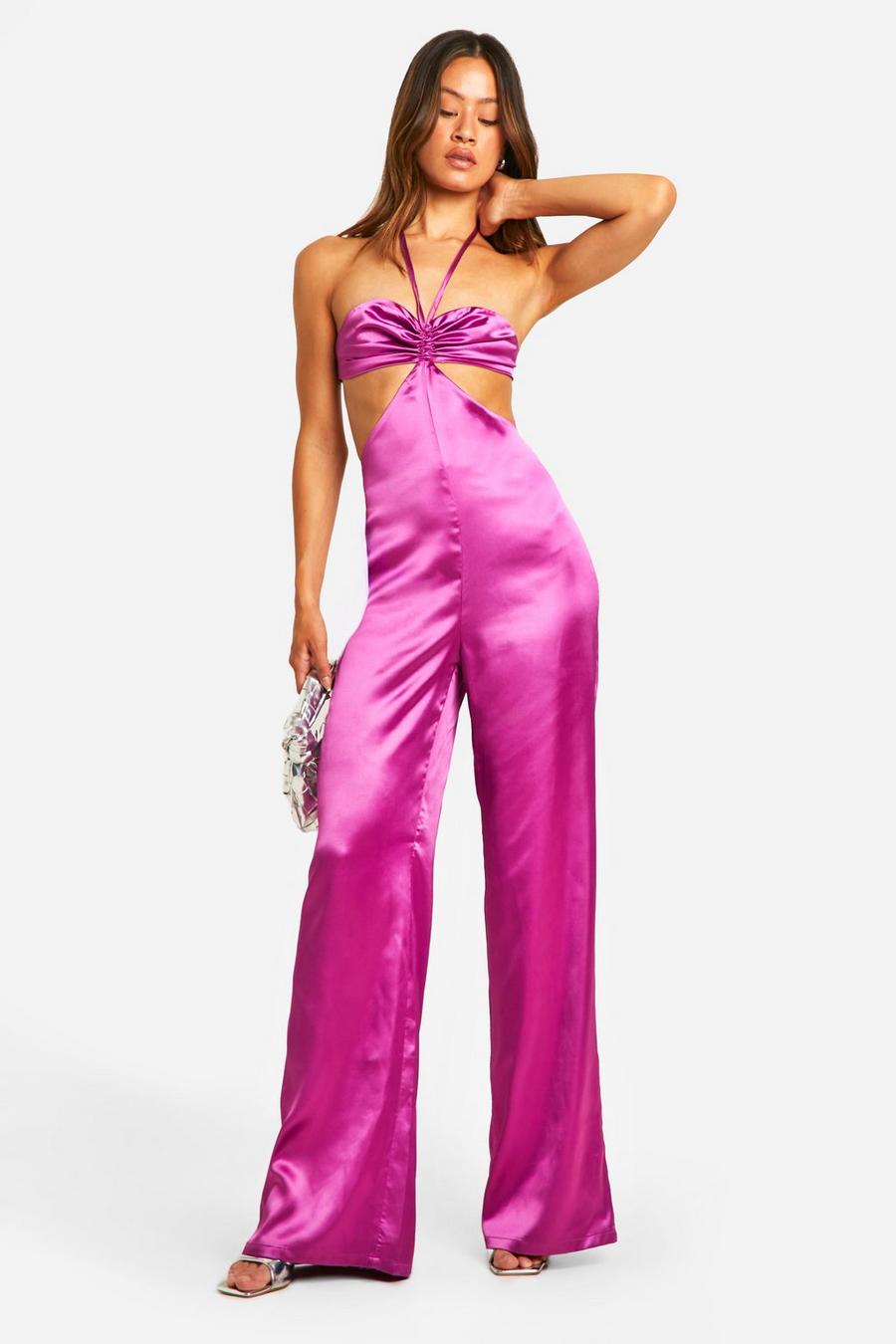 Magenta Tall Satin Bandeau Cut Out Wide Leg Jumpsuit image number 1