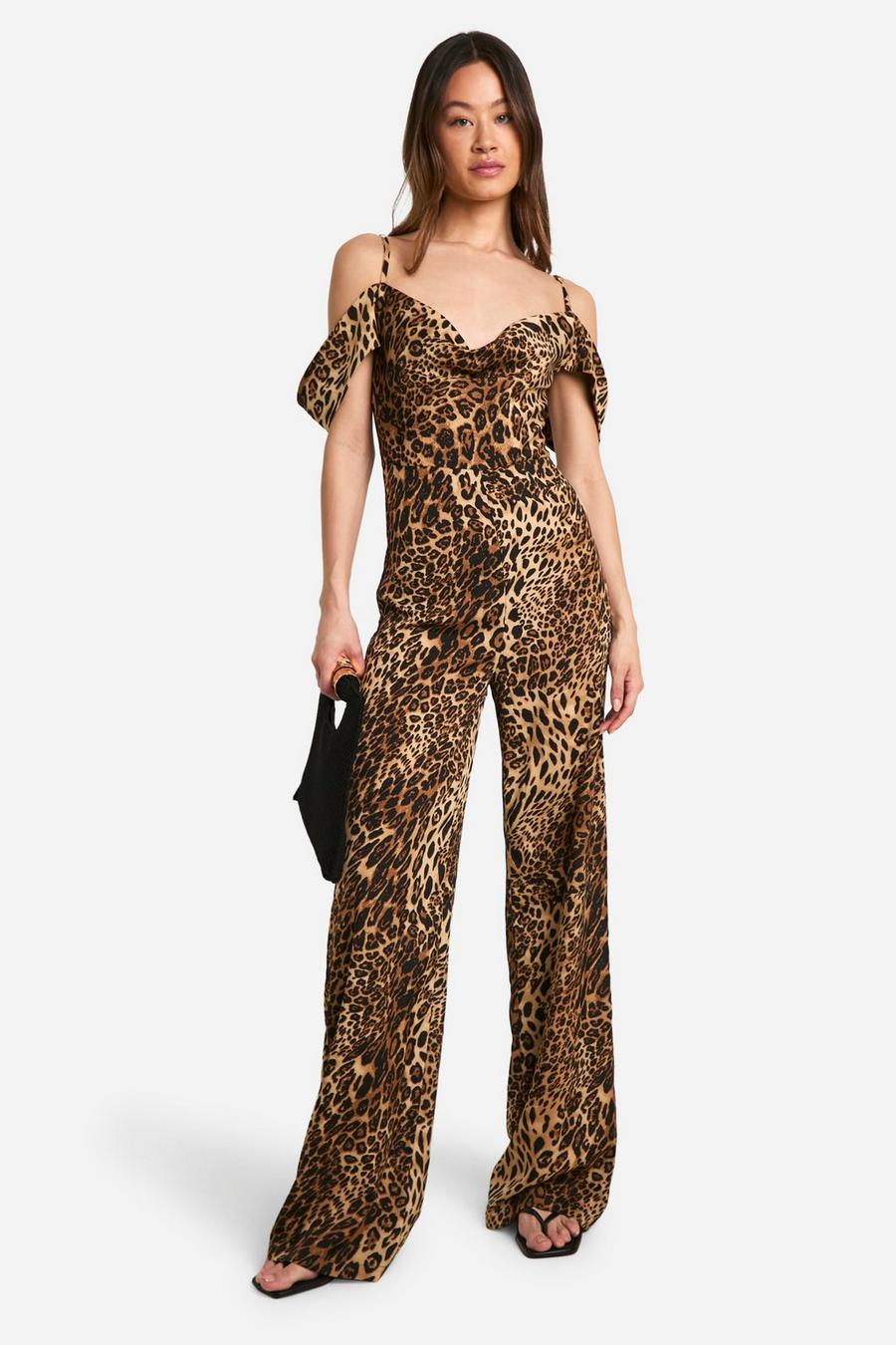 Natural Tall Leopard Cowl Front Wide Leg Jumpsuit image number 1