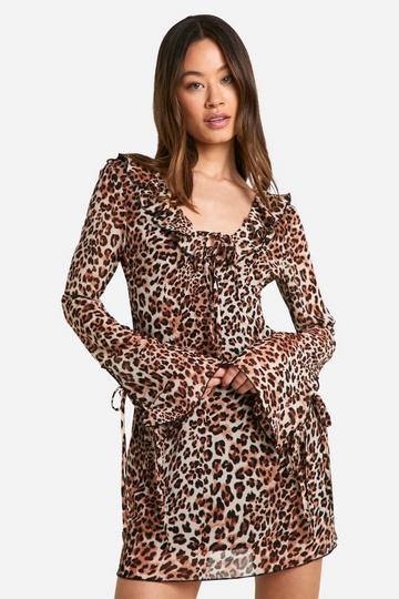 Tall Leopard Ruffle Tie Flared Sleeve Micro Mini Dress natural