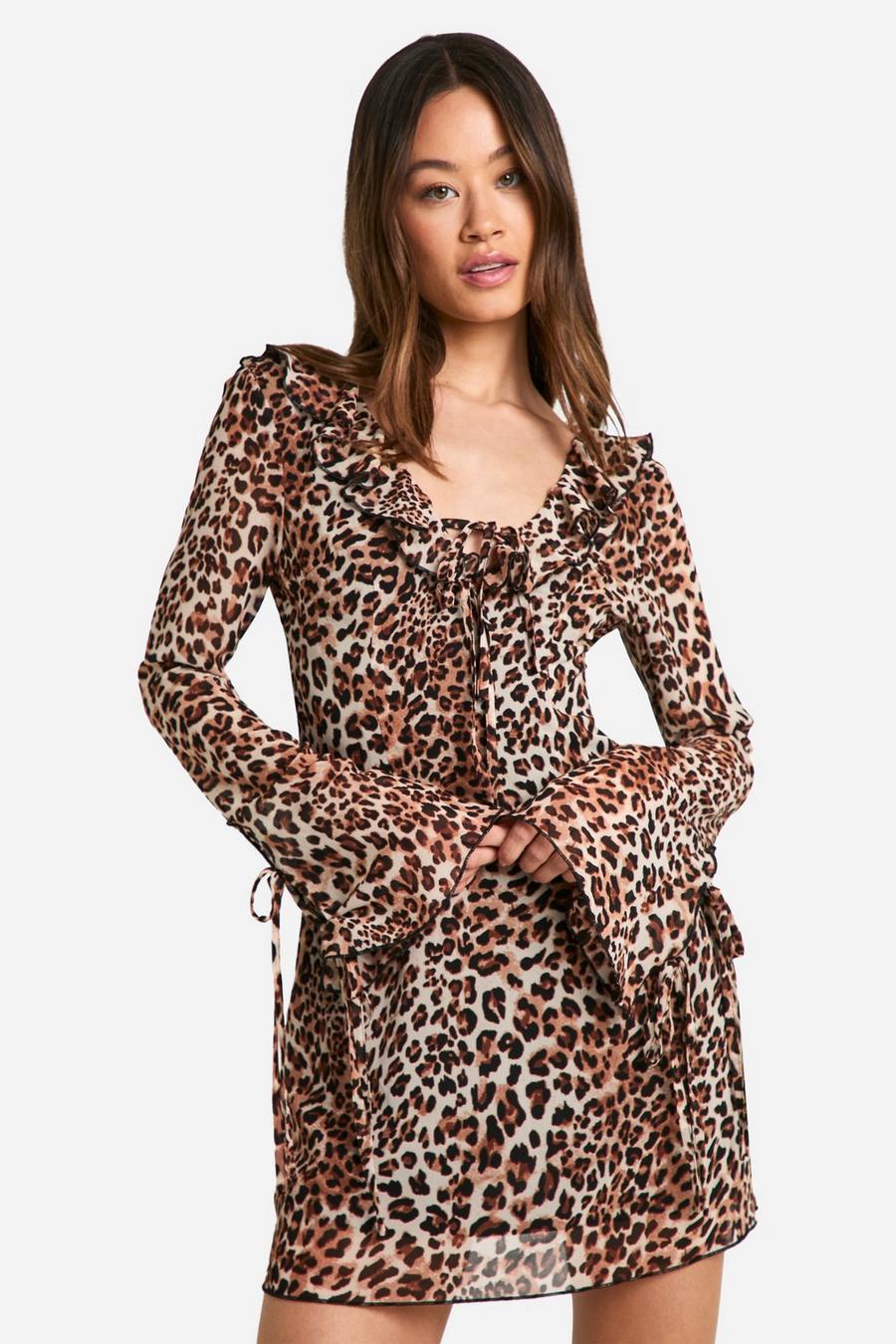 Natural Tall Leopard Ruffle Tie Flared Sleeve Micro Mini Dress image number 1