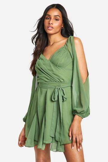 Olive Green Tall Godet Hem Lace Up Chiffon Skater Dress