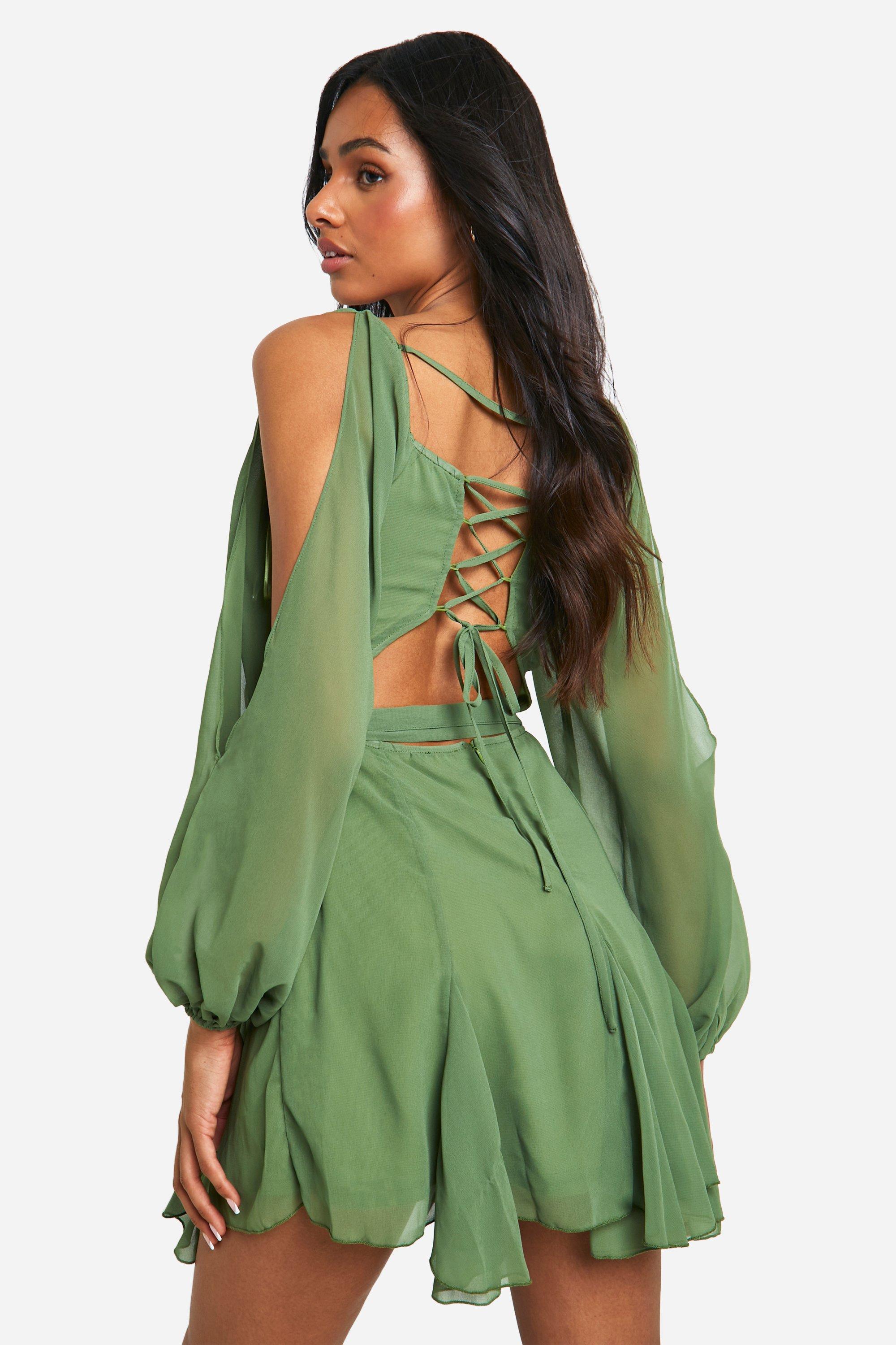 boohoo Tall Godet Hem Lace Up Chiffon Skater Dress Green Size 4