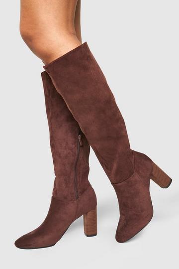 Chocolate Brown Block Wooden Heel Faux Suede Knee High Boots