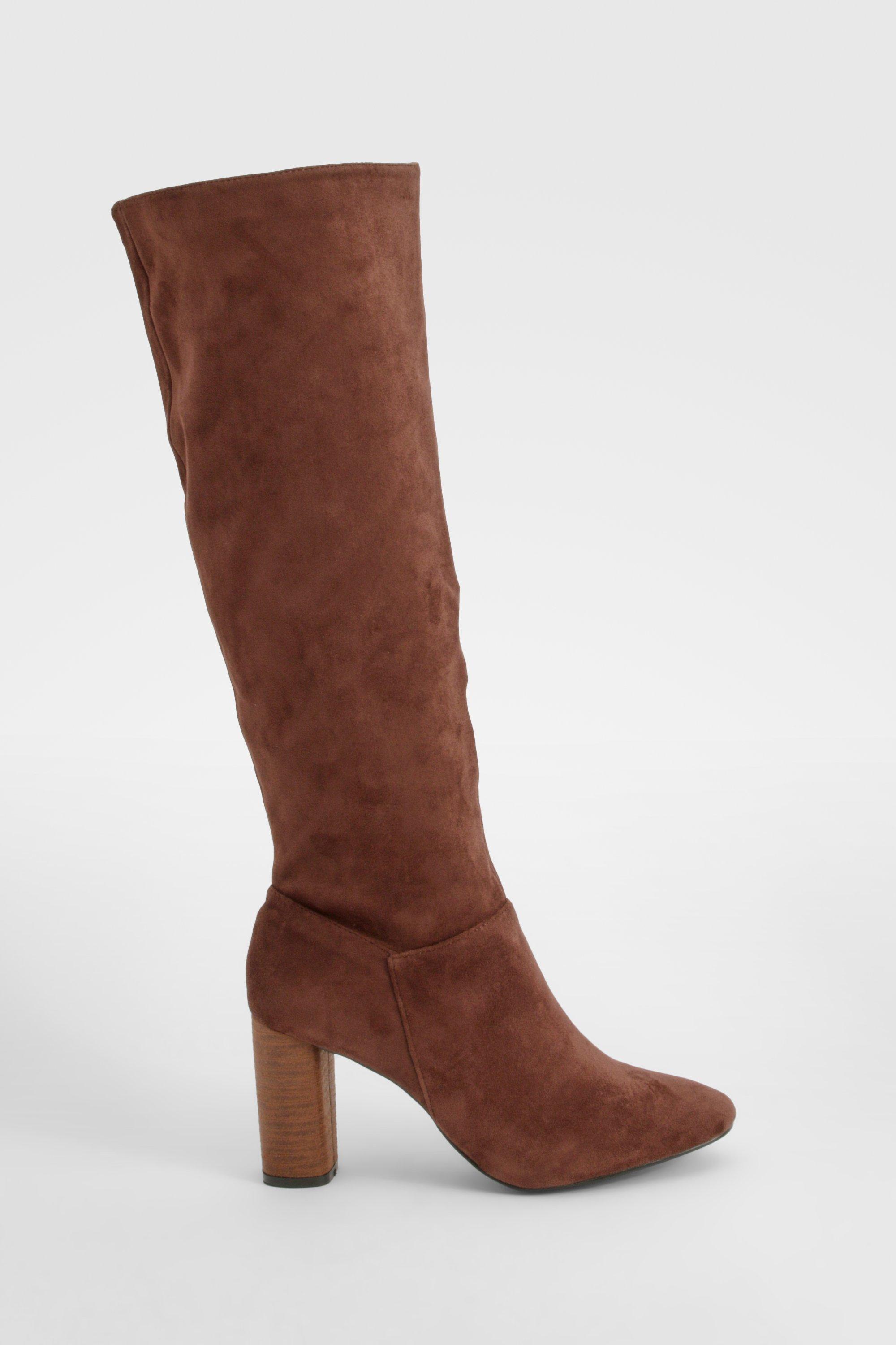 Block Wooden Heel Faux Suede Knee High Boots