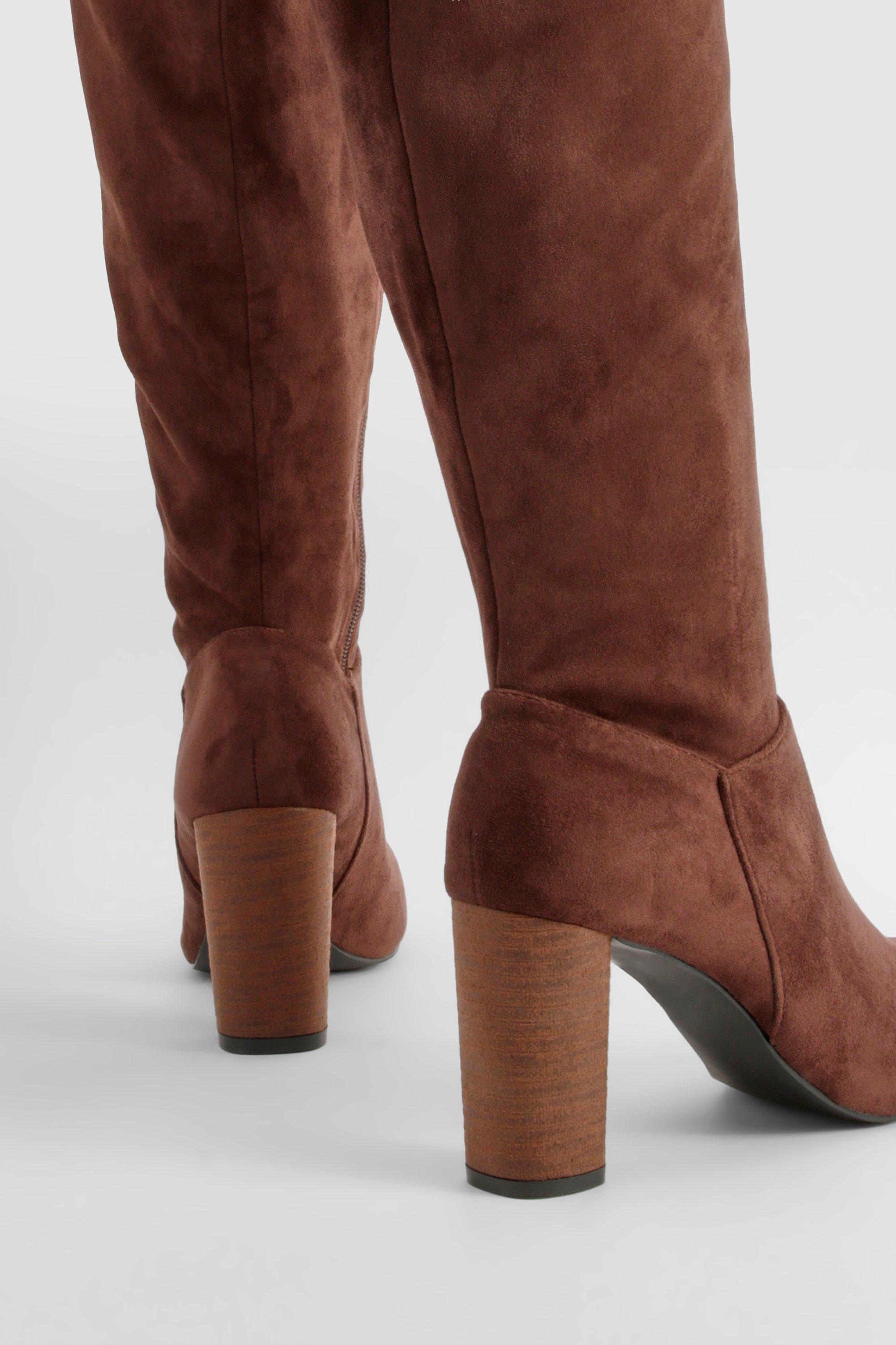 Block Wooden Heel Faux Suede Knee High Boots boohoo