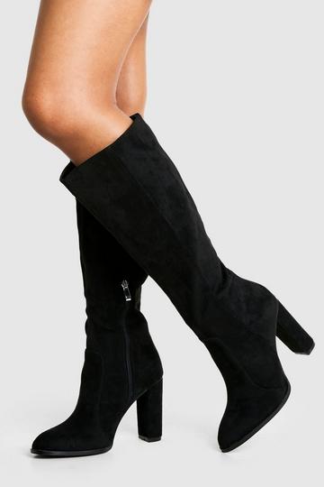 Black Round Toe Faux Suede Knee High Boots