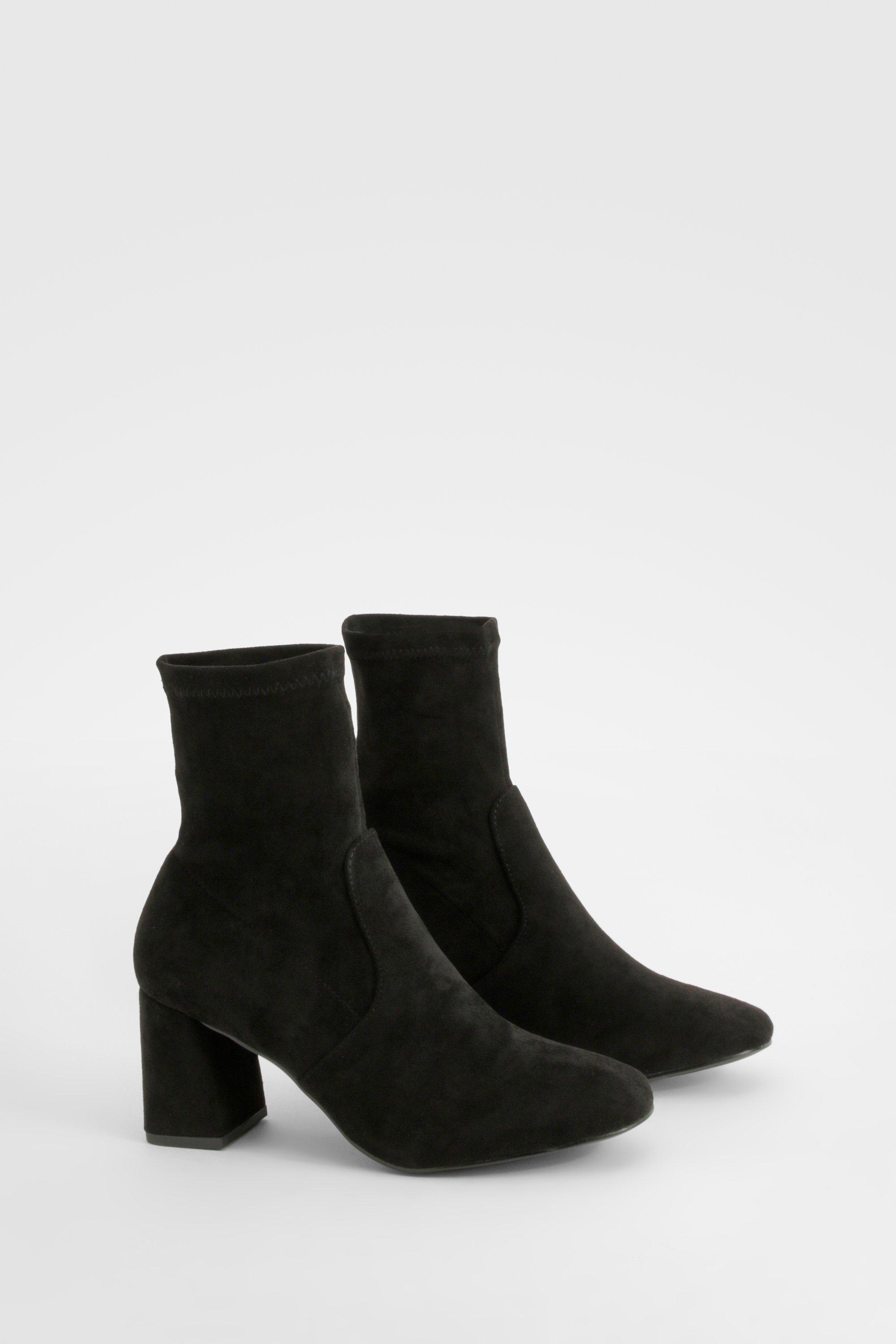 Boohoo Women s Wide Fit Faux Suede Square Toe Block Heeled Boots Black