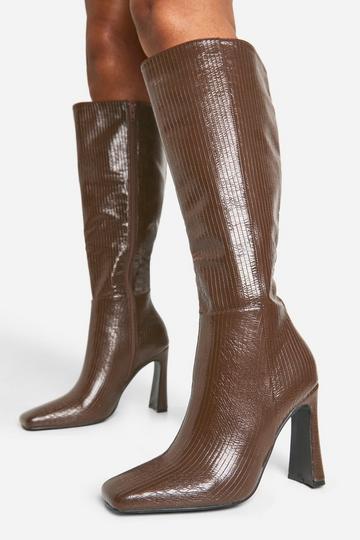 Square Toe Flared Heel Knee High Boots chocolate