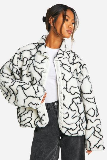 Abstract Print Boxy Teddy Jacket white