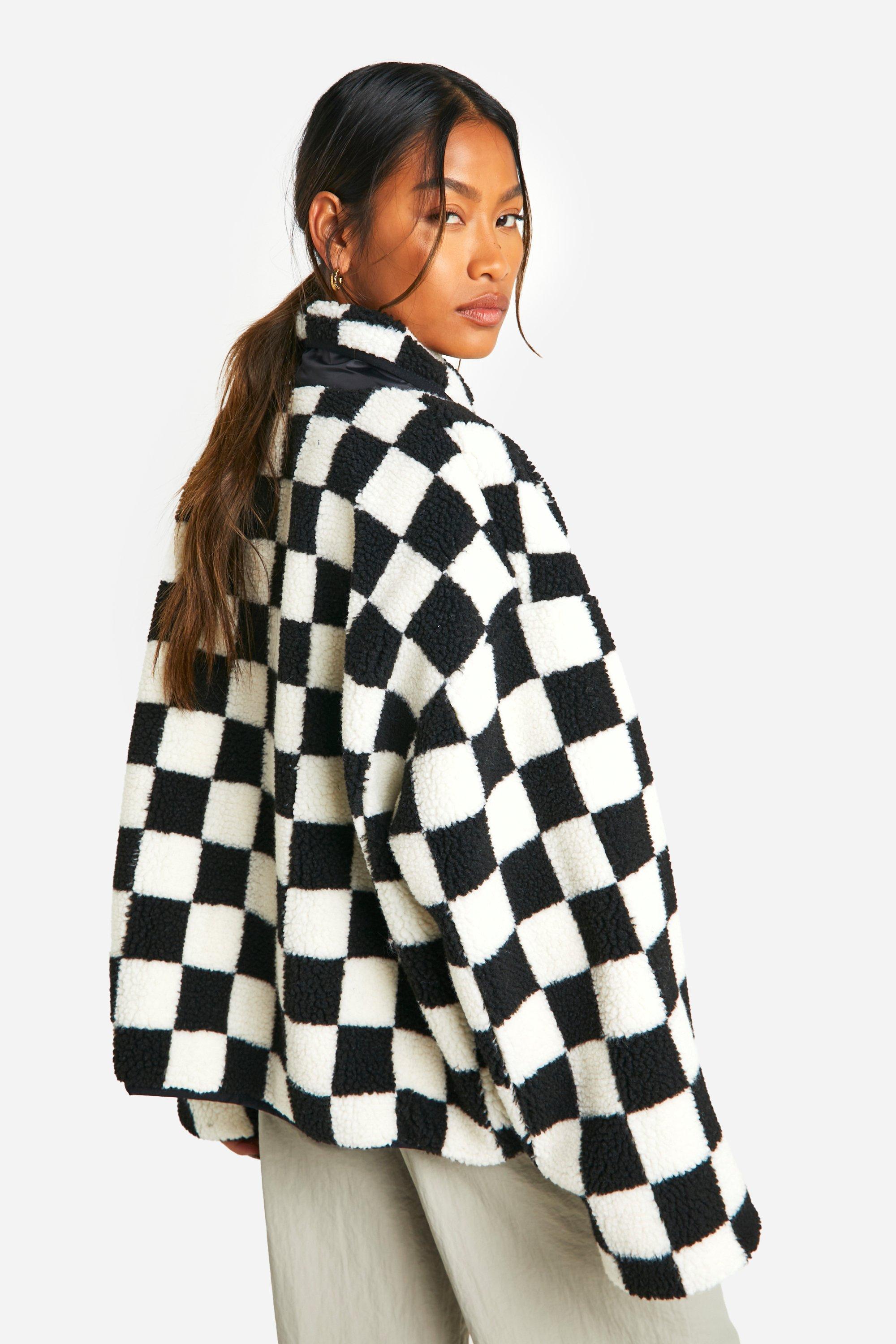 Checkered Boxy Teddy Jacket boohoo