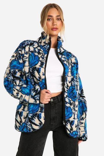 Oversized Abstract Printed Teddy Zip Up Jacket blue